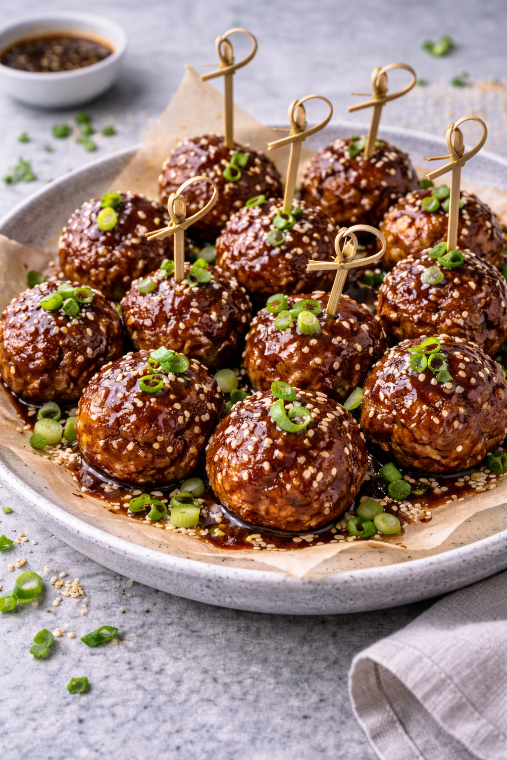 Oosters gekruide gehaktballetjes met sojaglaze en sesam