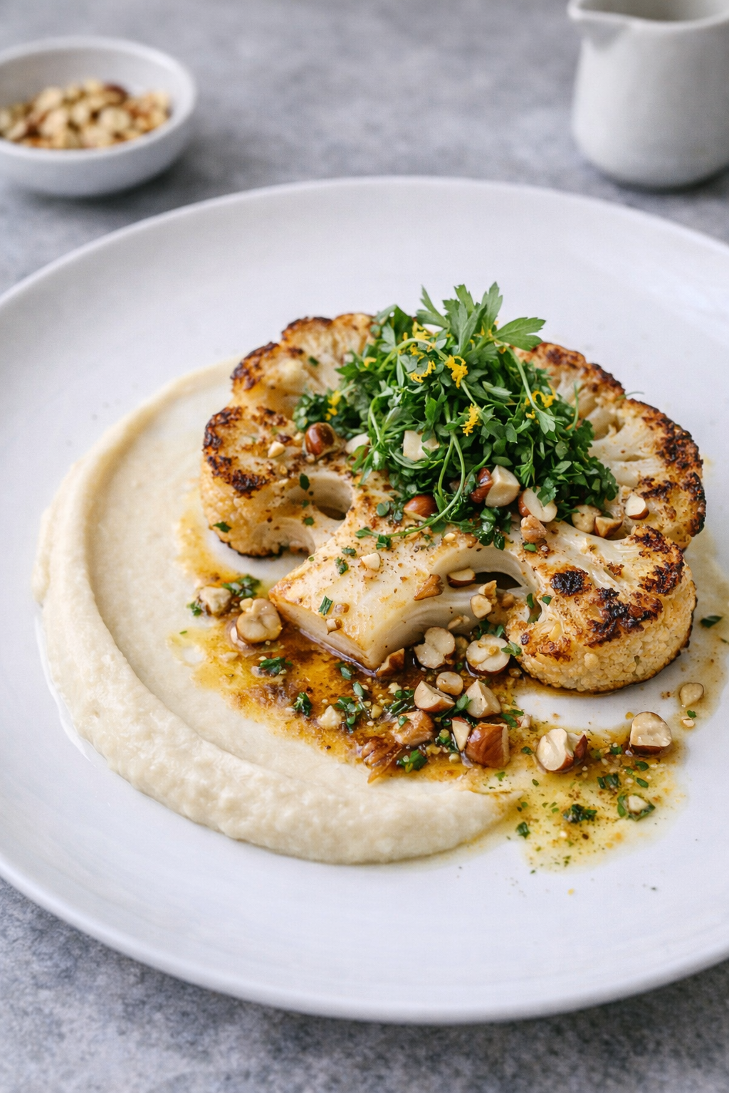 Geroosterde bloemkool met knolselderijcrème, hazelnoot en beurre noisette
