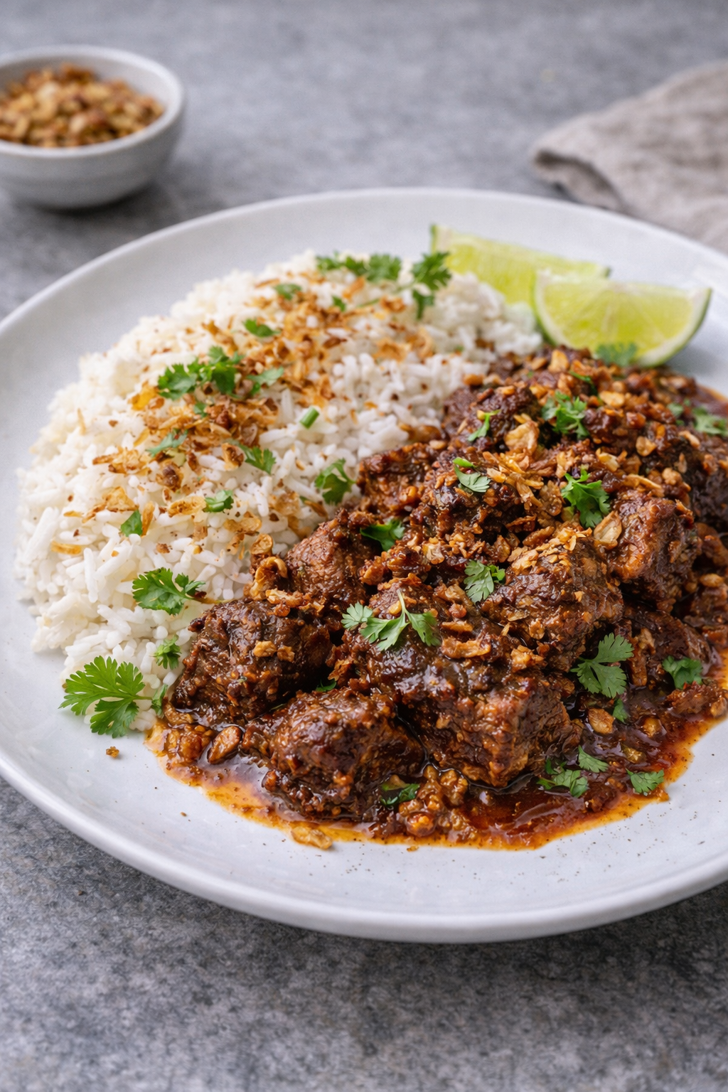 Indonesische rendang met geroosterde kokos en limoenblad-olie