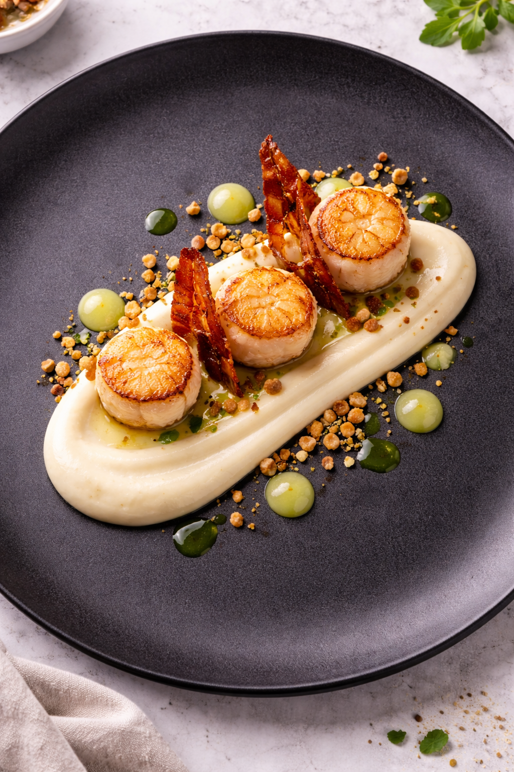 Sint-Jacobsschelp met knolselderijpuree, crispy bacon en appelgel