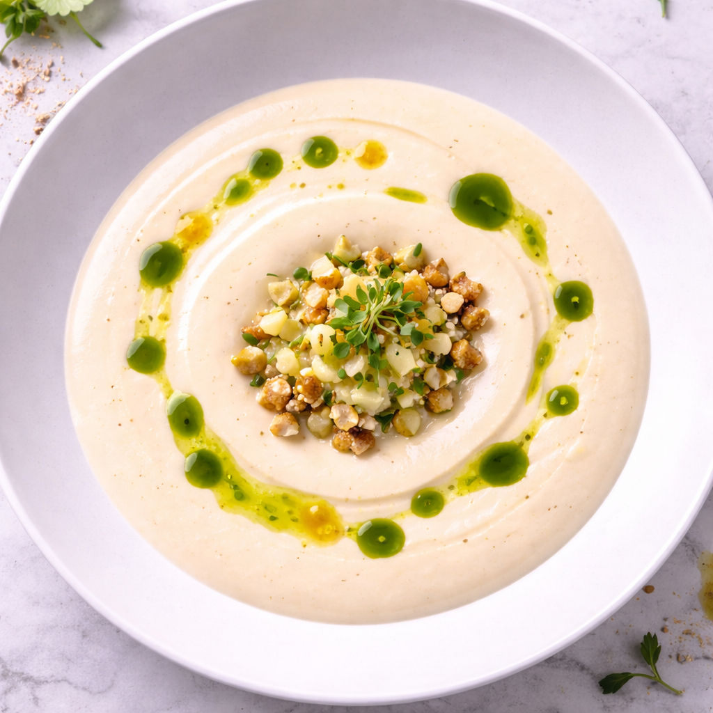 Pastinaak velouté met miso, hazelnoot en appel