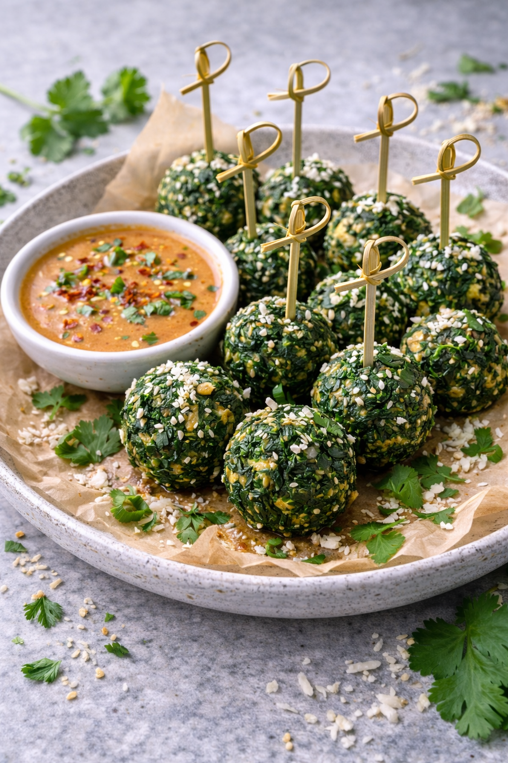 Thaise spinazie-kokosballetjes met pittige pindadip