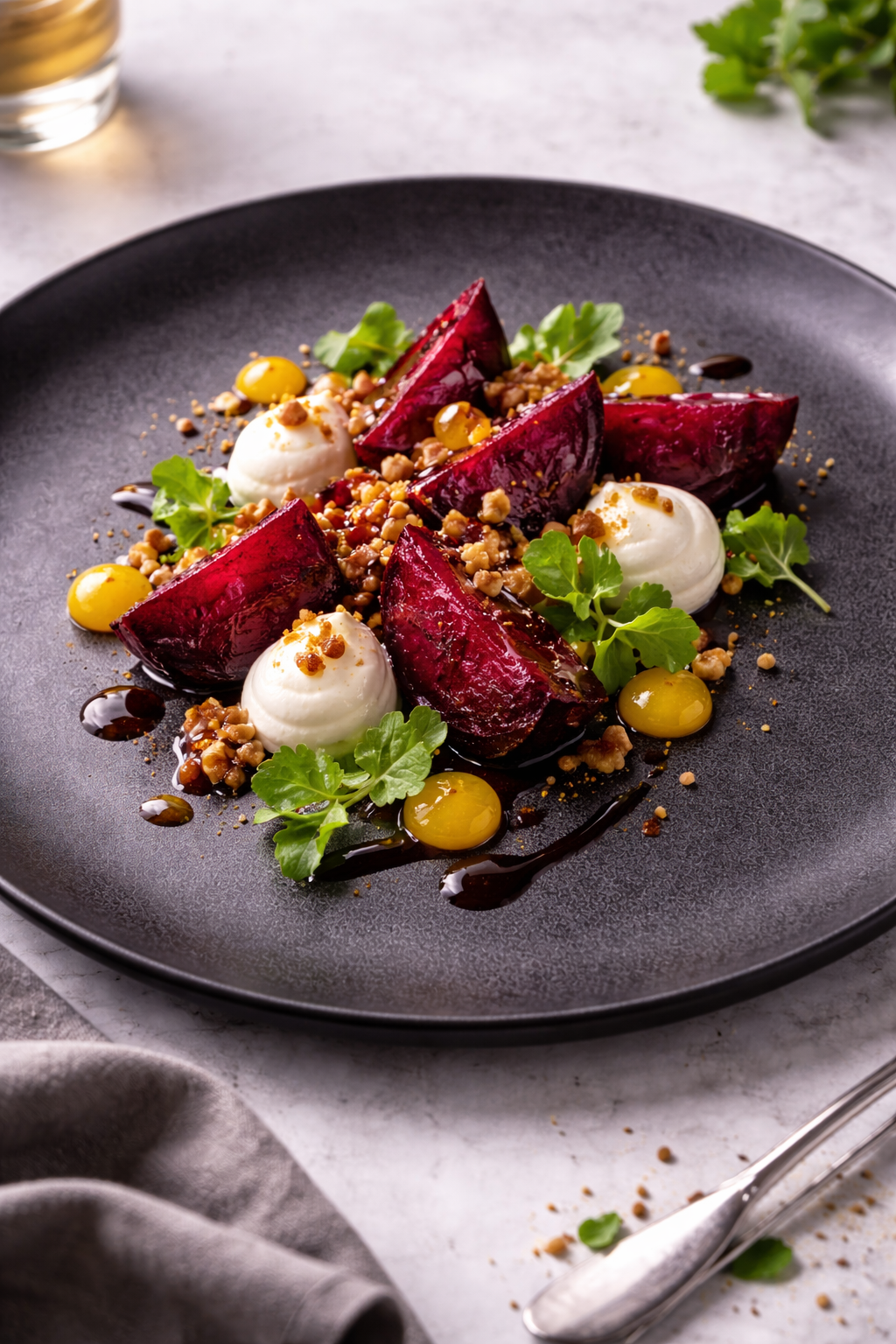 Gepofte biet met geitenkaasmousse, sinaasappelgel en walnootkrokant