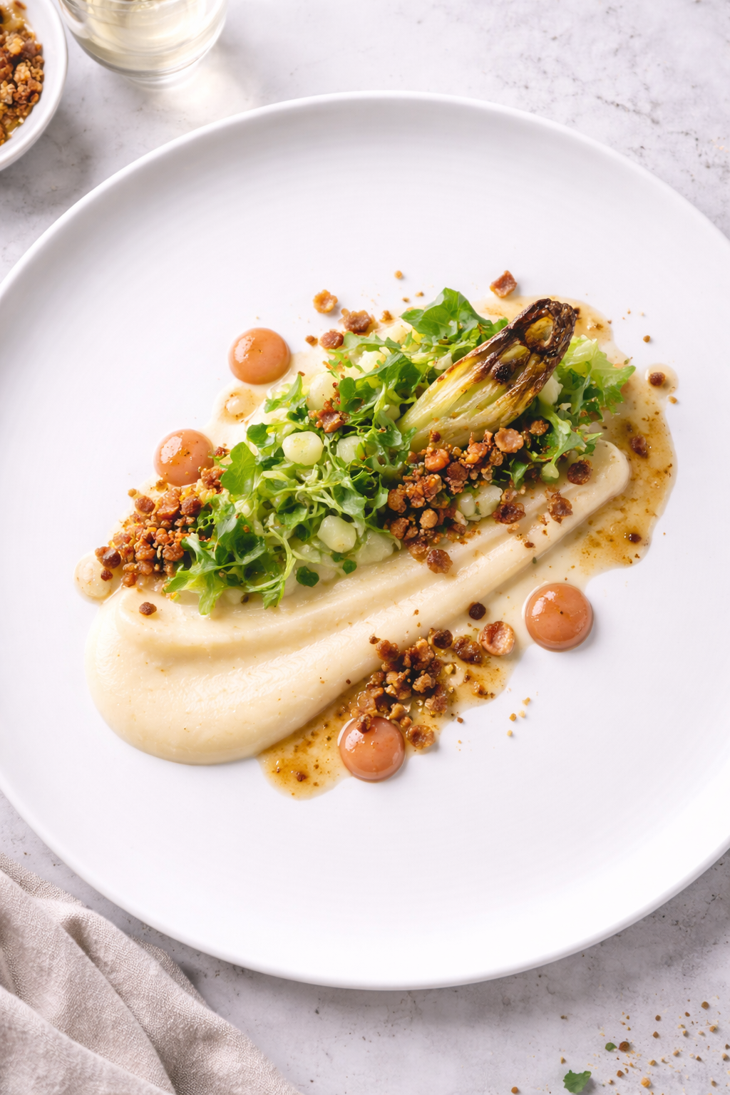 Andijvie 2.0 met aardappelcrème, rookworstgel en mosterdjus