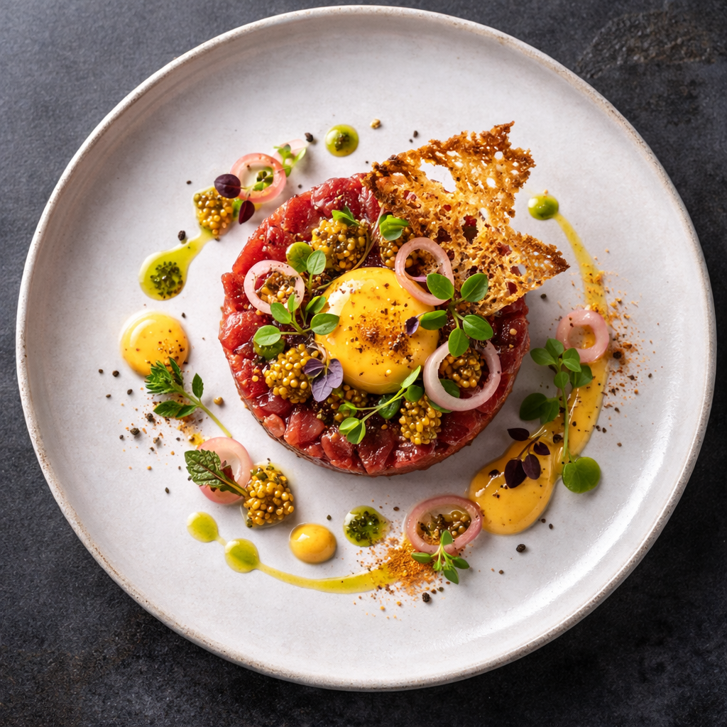 Steak tartaar met gerookte eidooiercrème en mosterdzaadkaviaar
