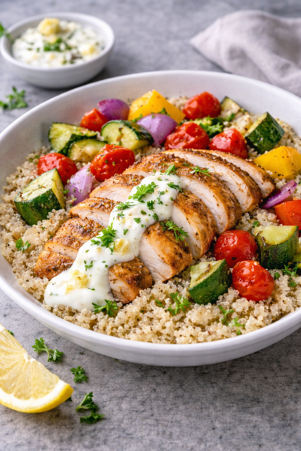 Mediterrane kippan met quinoa, geroosterde groenten en citroen-yoghurtsaus