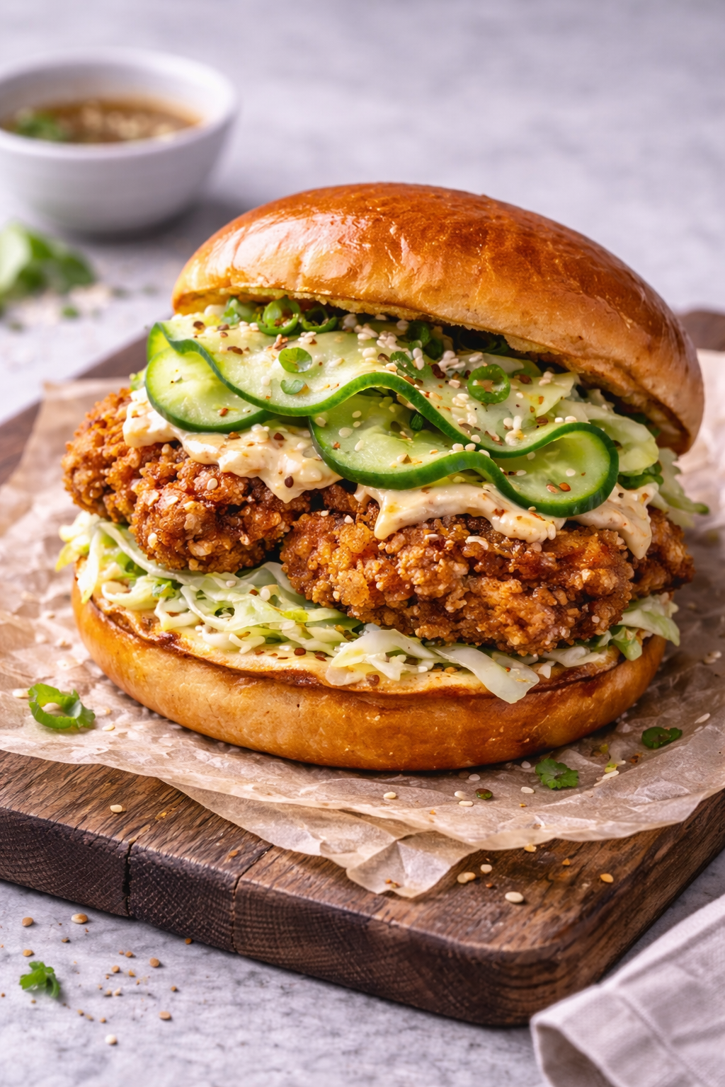 Crispy chicken sriracha sandwich met ingelegde komkommer en limoenkoolsla