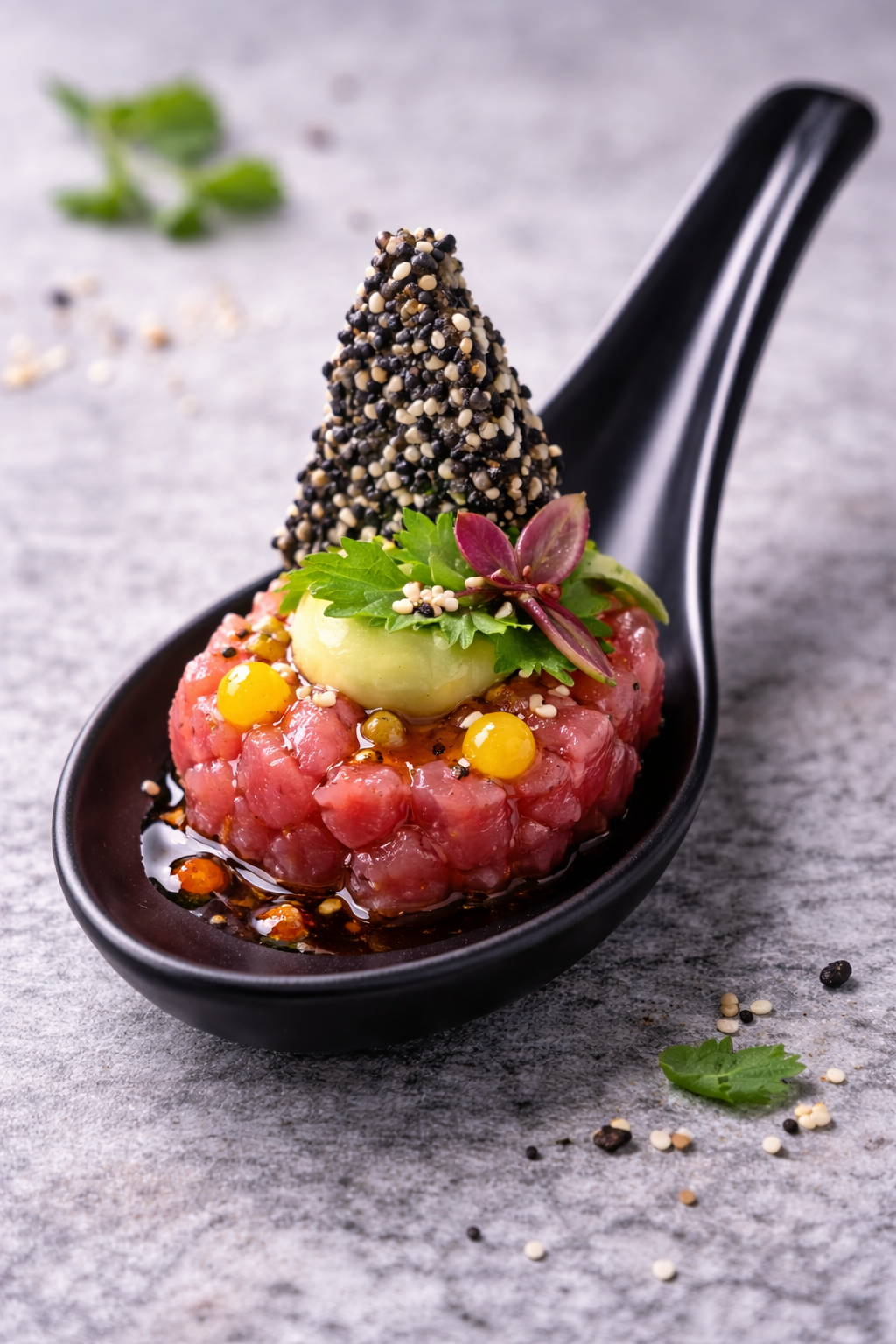 Amuse Zeevonk met tonijntartaar, yuzu-gel en sesamkrokant