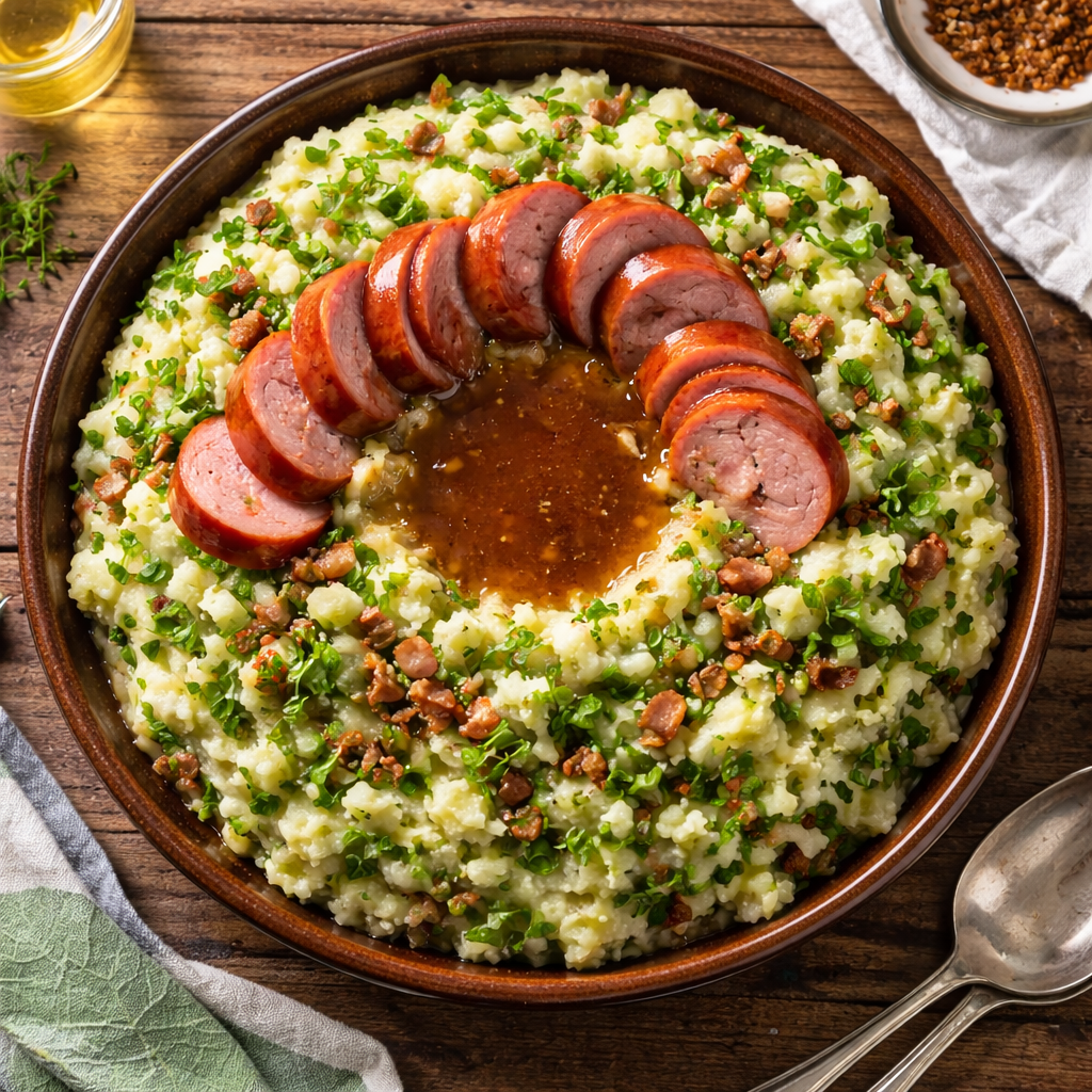 Authentieke Nederlandse andijviestamppot met spekjes en rookworst