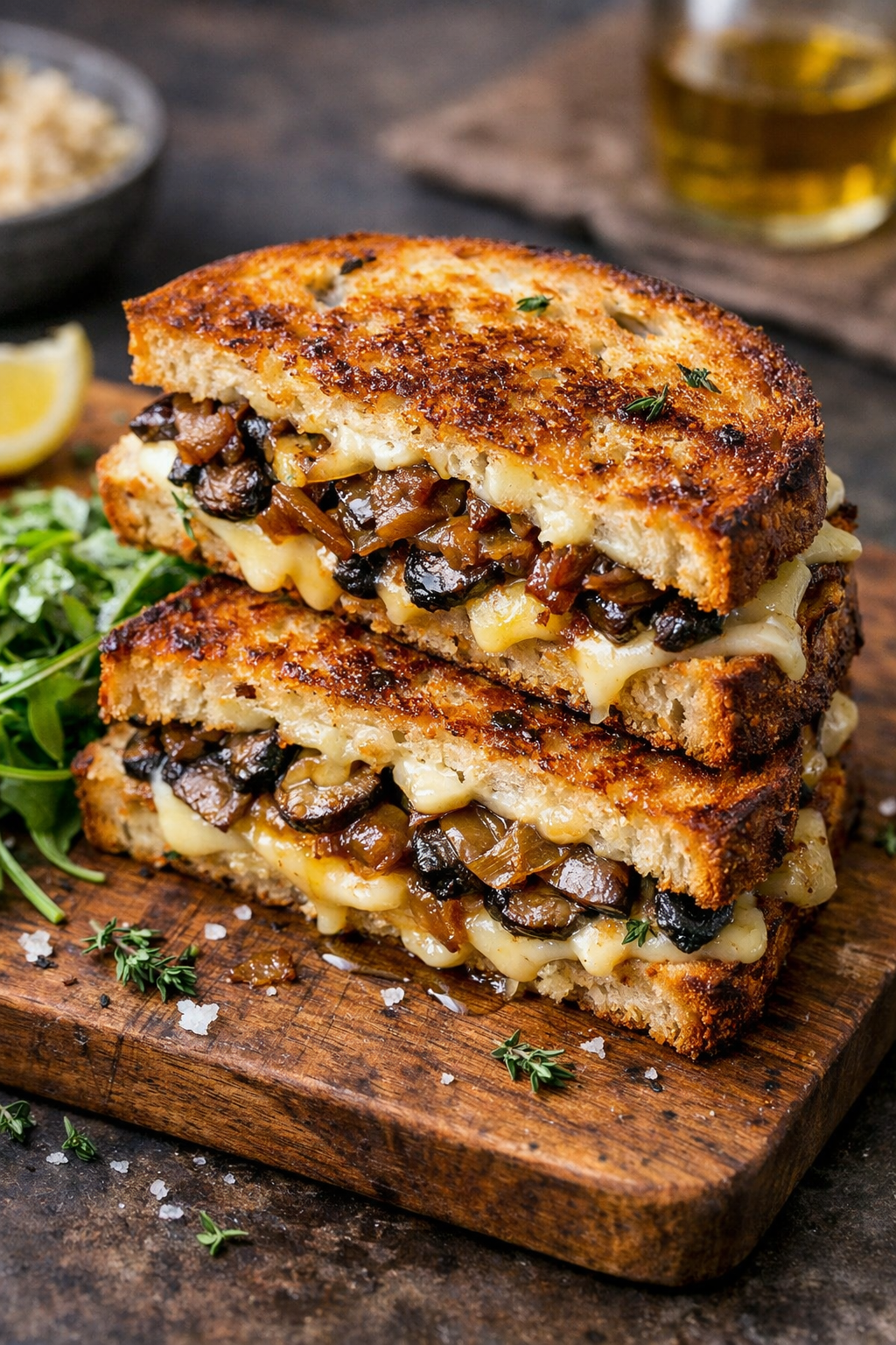 Luxe tosti met truffel paddenstoelen, Comté en gekaramelliseerde ui