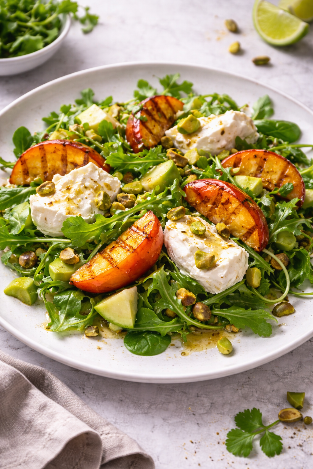 Groene salade met gegrilde perzik, burrata en pistache